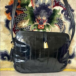 Vintage Eel Skin Black Leather Shoulder Bag w/Brass Hardware